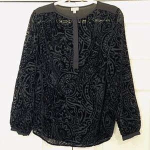 Cremieux Black Burn Out Velvet Blouse EUC